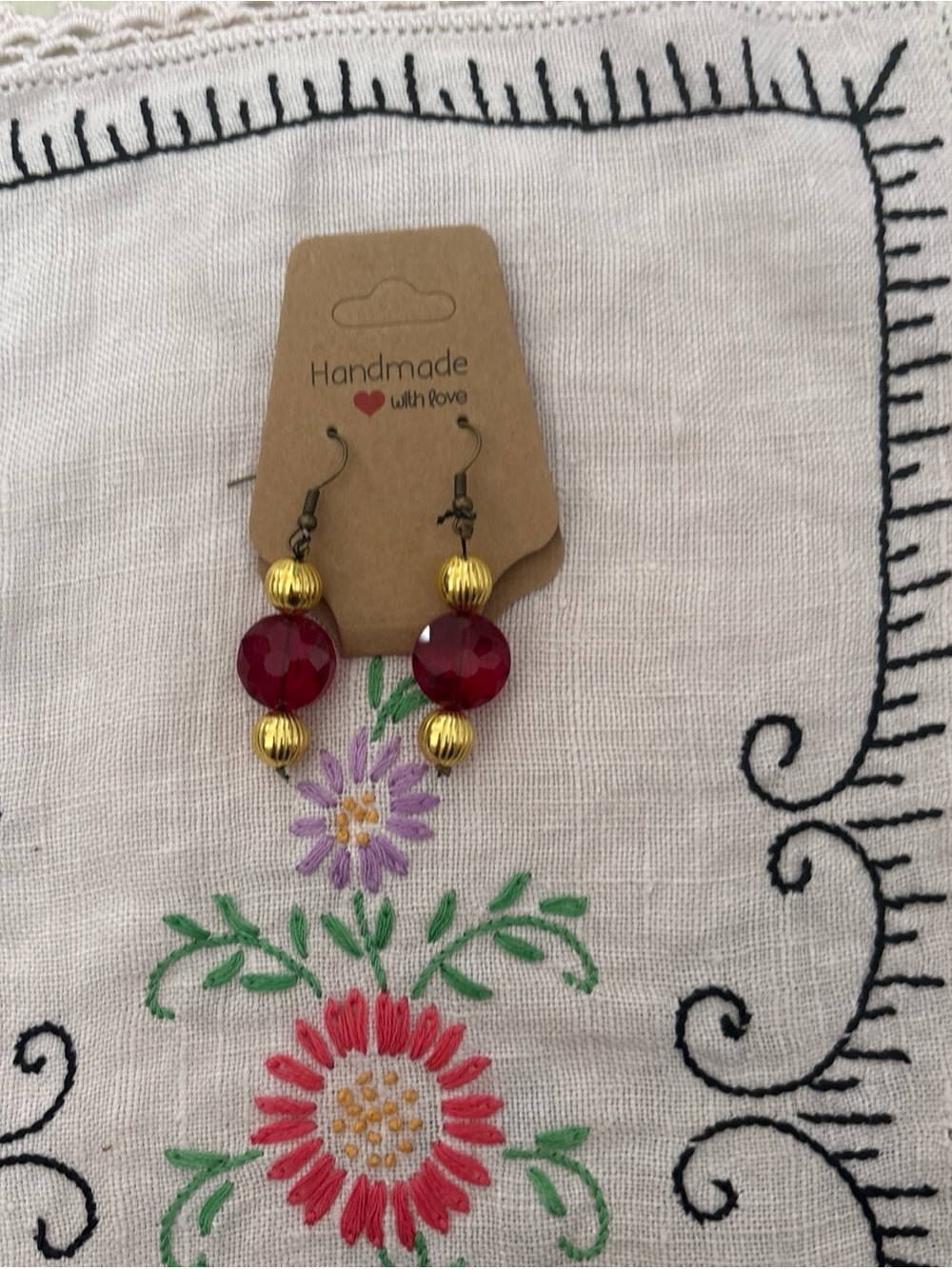 Handmade Red Bead and Gold Accent Drop Earrings